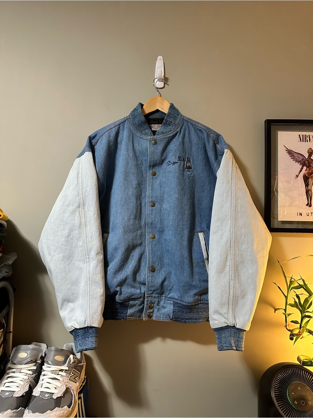 Vibtage Blue Denim Light Washed Sleeve Varsity Jacket